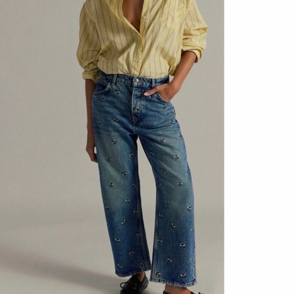 Free People We The Free Deep Trance Embroidered Buzz Off Bumble Bee Jeans 26 NWT